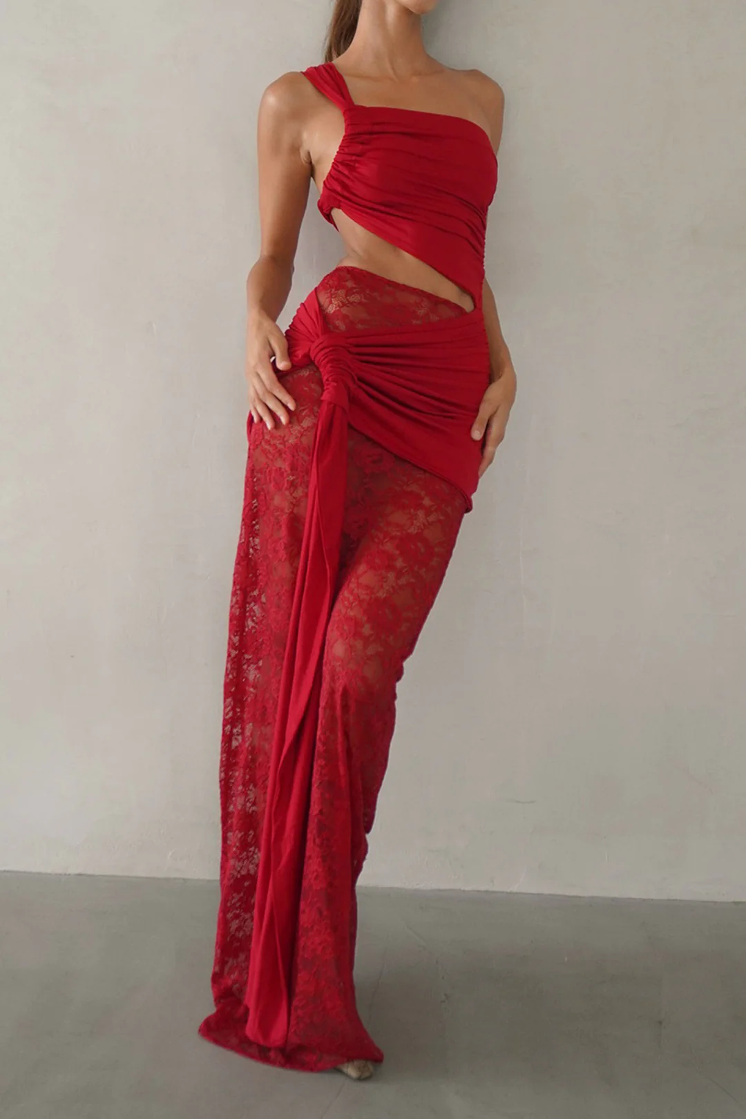 Lace Tie Front Hollow Out Patchwork Ruched Skirt Set - Weenar