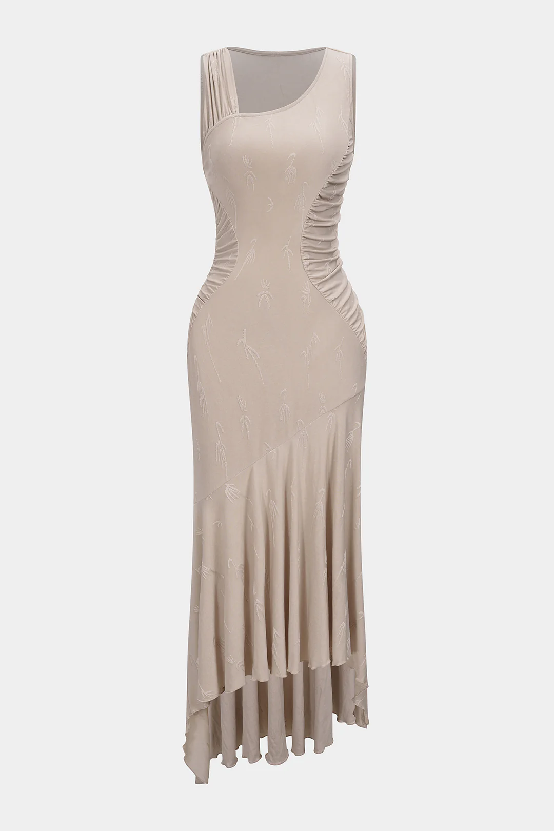Flamingo Print Jacquard Ruched Asymmetrical Sleeveless Midi Dress - Weenar