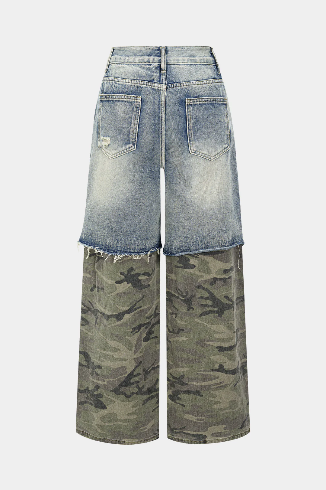 Camo Print Denim Patchwork Button Pocket Jeans - Weenar