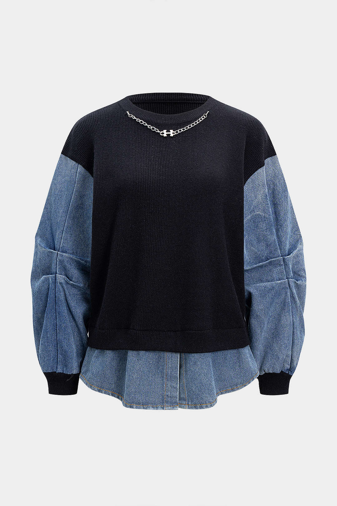 Knit Denim Patchwork Chain Decor Ruched Long-Sleeve Top - Weenar