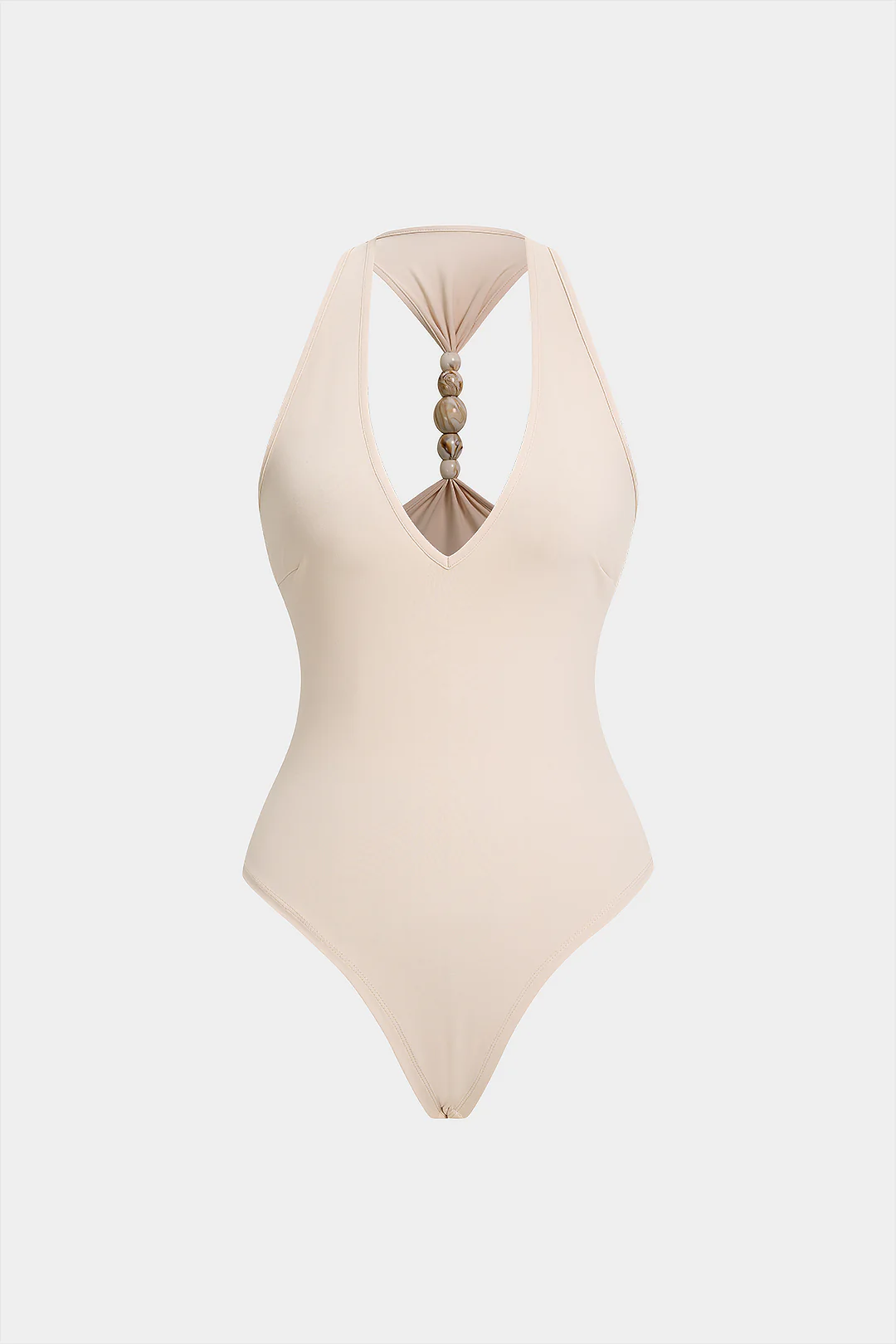 Solid V-Neck Beaded Backless Sleeveless Bodysuit - Weenar