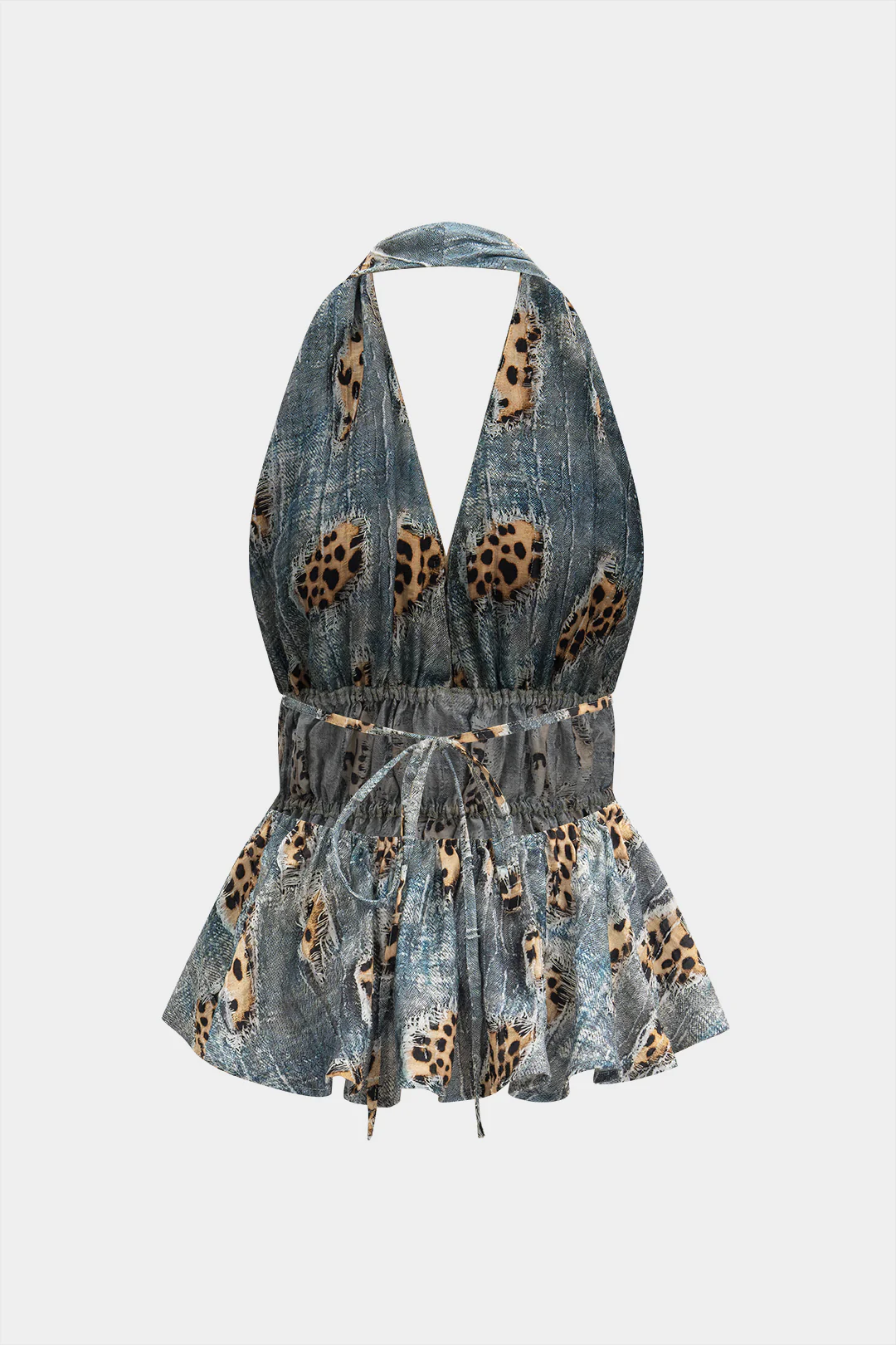 Retro Leopard Print Backless Tie-Up Ruched Drawstring Cami Top - Weenar
