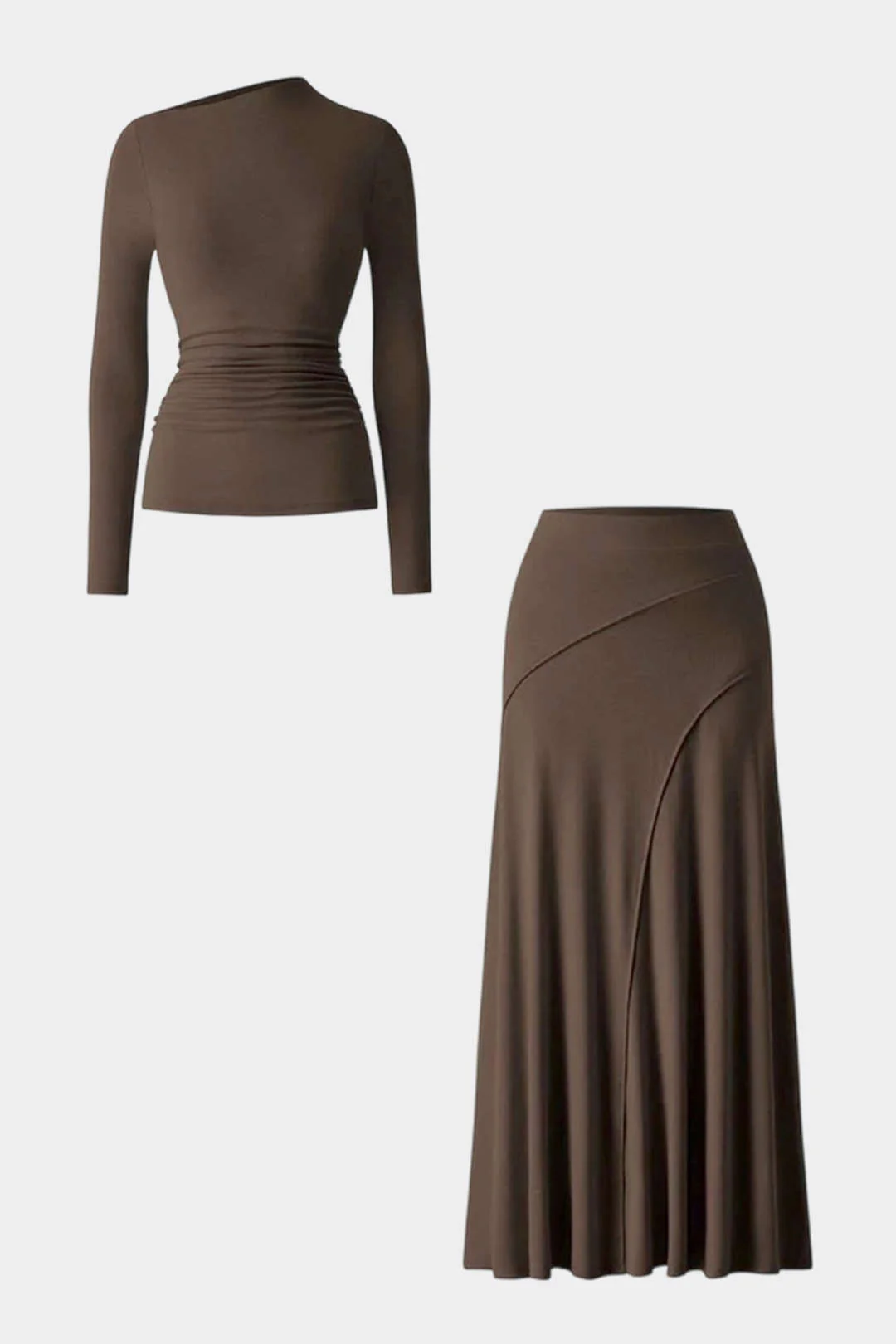 Asymmetrical Neck Long-Sleeve Top And Stitching Detail Skirt Set - Weenar