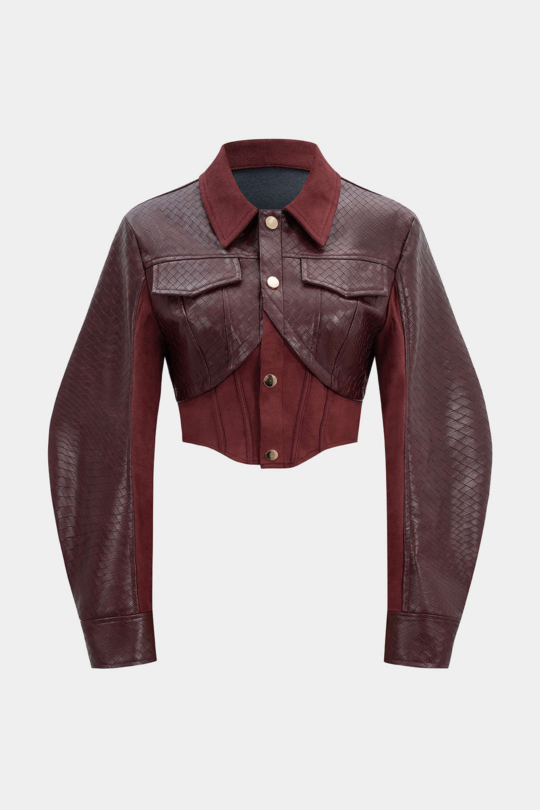 Woven Pattern Faux Leather Patchwork Cropped Jacket - Weenar