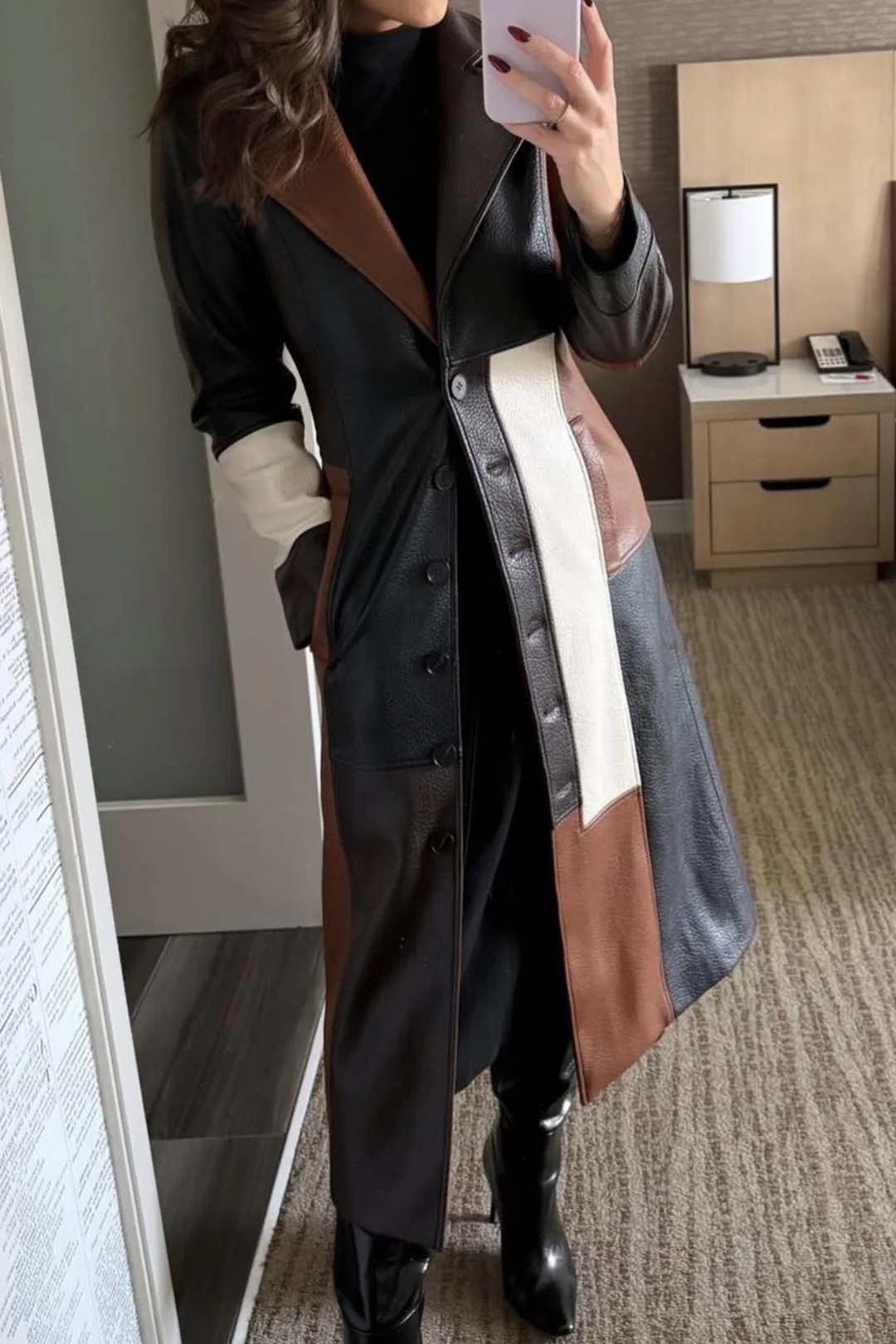 Faux Leather Contrast Notched Lapell Coat - Weenar