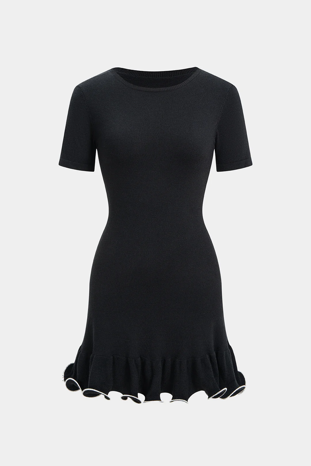 Knit Round Neck Contrast Binding Ruched Short Sleeve Dress - Weenar