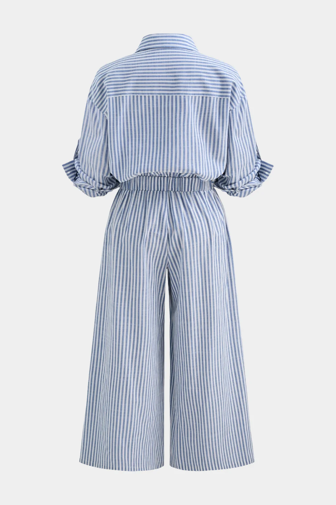 Plus Size Stripes Print Lapel Button Ruched Short-Sleeve Top And Wide Leg Pants Set - Weenar