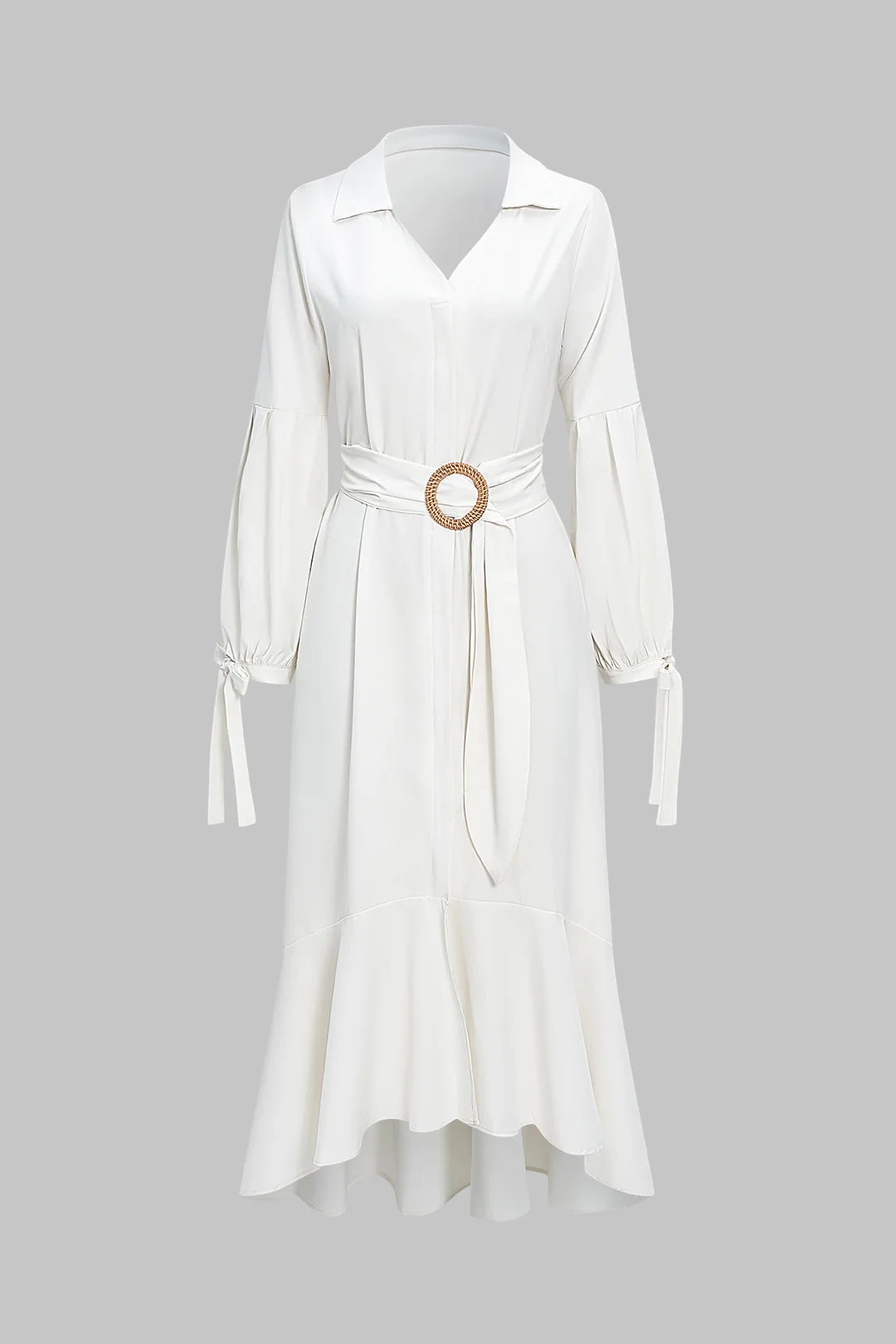 Solid V-Neck Belted Tie-Up Long Sleeve Maxi Dress - Weenar