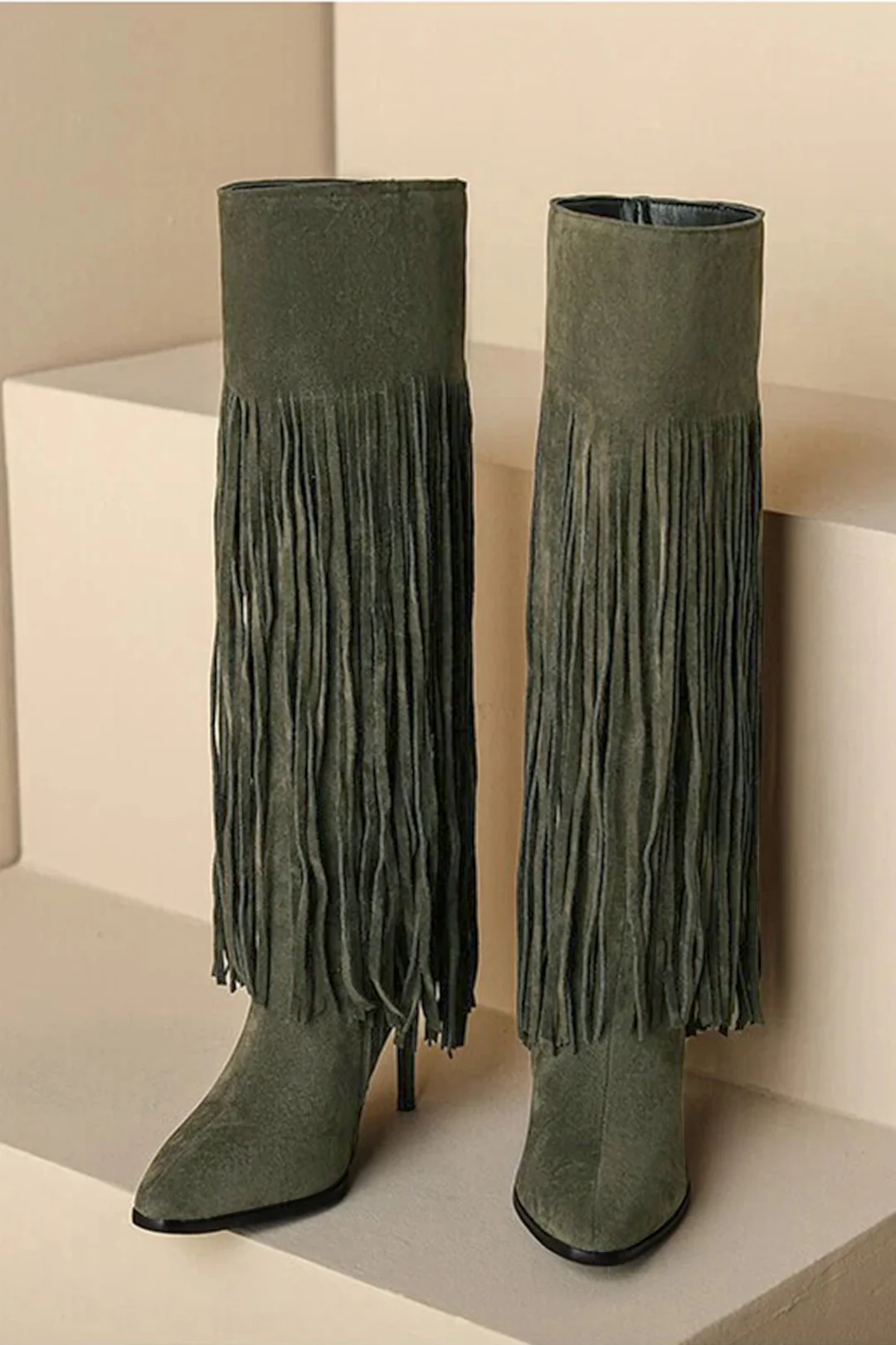 Faux Suede Fringe Pointed Mid Calf Boots - Weenar
