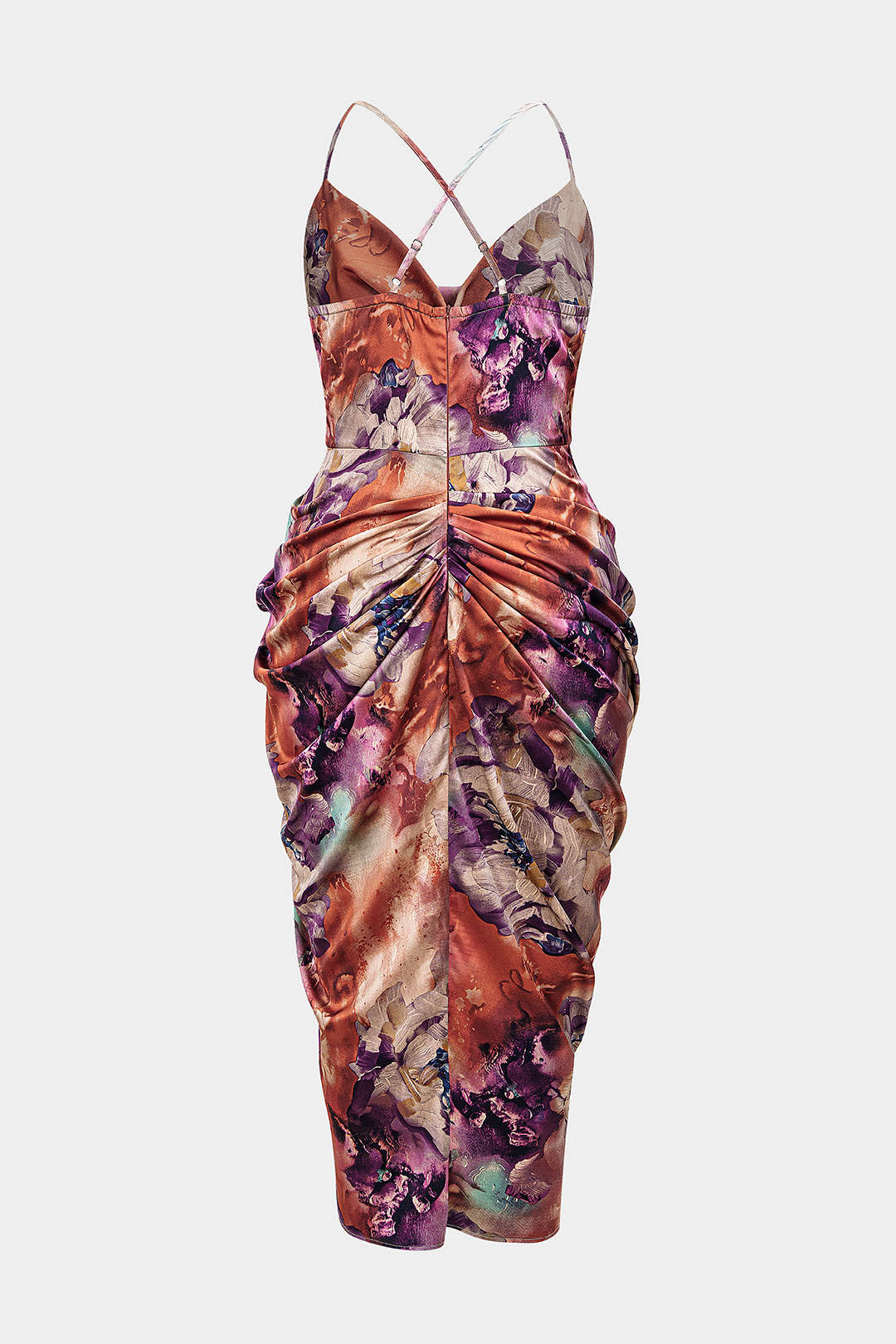 Plus Size Floral Print Satin Draped Cowl Neck Ruched Crossed Sleeveless Midi Dress - Weenar