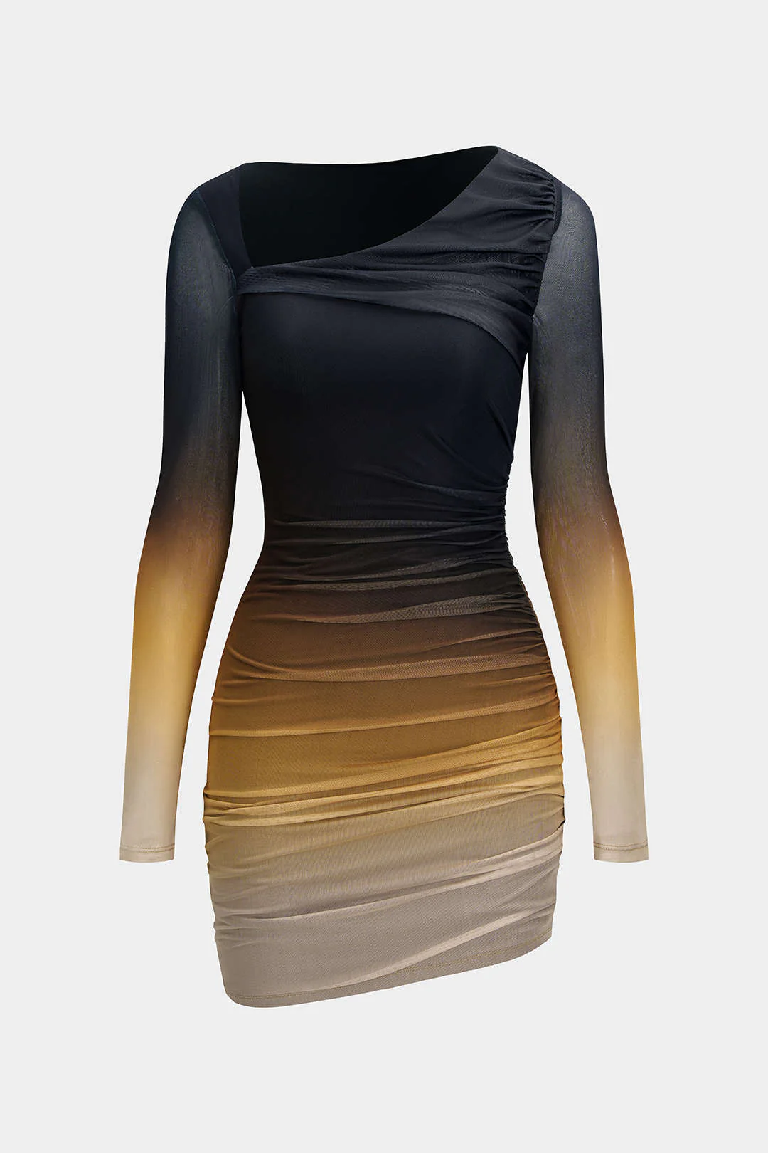 Mesh Colorblock Print Asymmetrical Ruched Long-Sleeve Mini Dress - Weenar