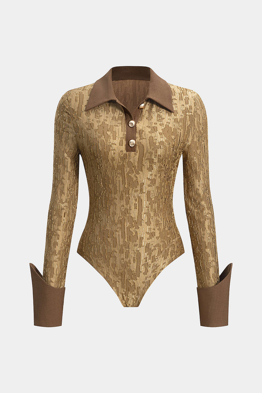Metallic Button Ripped Patchwork Long Sleeve Bodysuit - Weenar