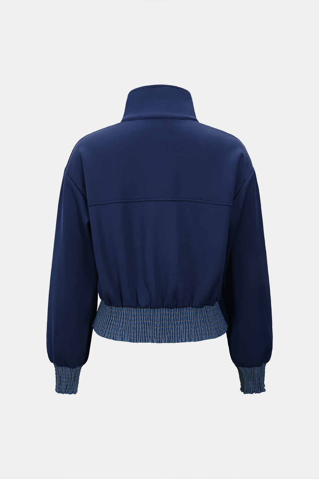 Contrast Print Denim Patchwork Smocked Zipper Jacket - Weenar