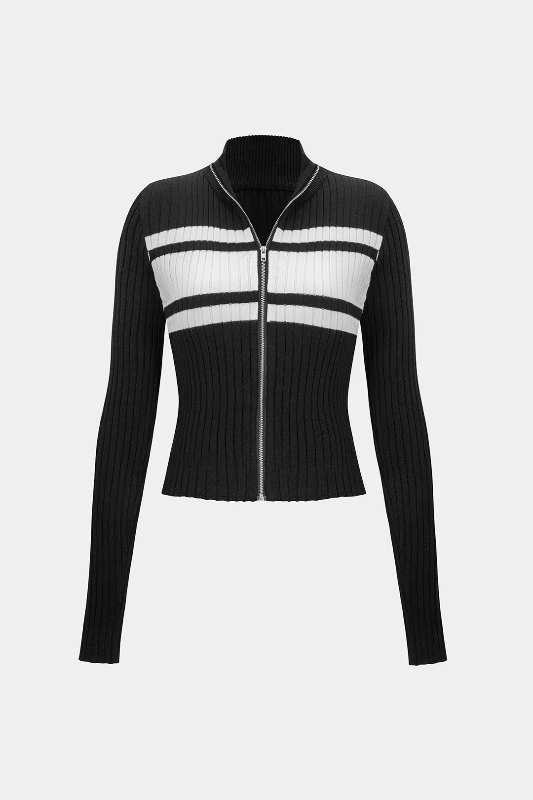 Knit Contrast Zipper Long-Sleeve Top - Weenar
