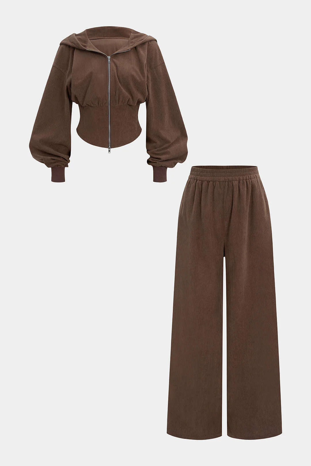 Waist-Cinching Zipper Hoodie And Shirred Waistband Pants Set - Weenar