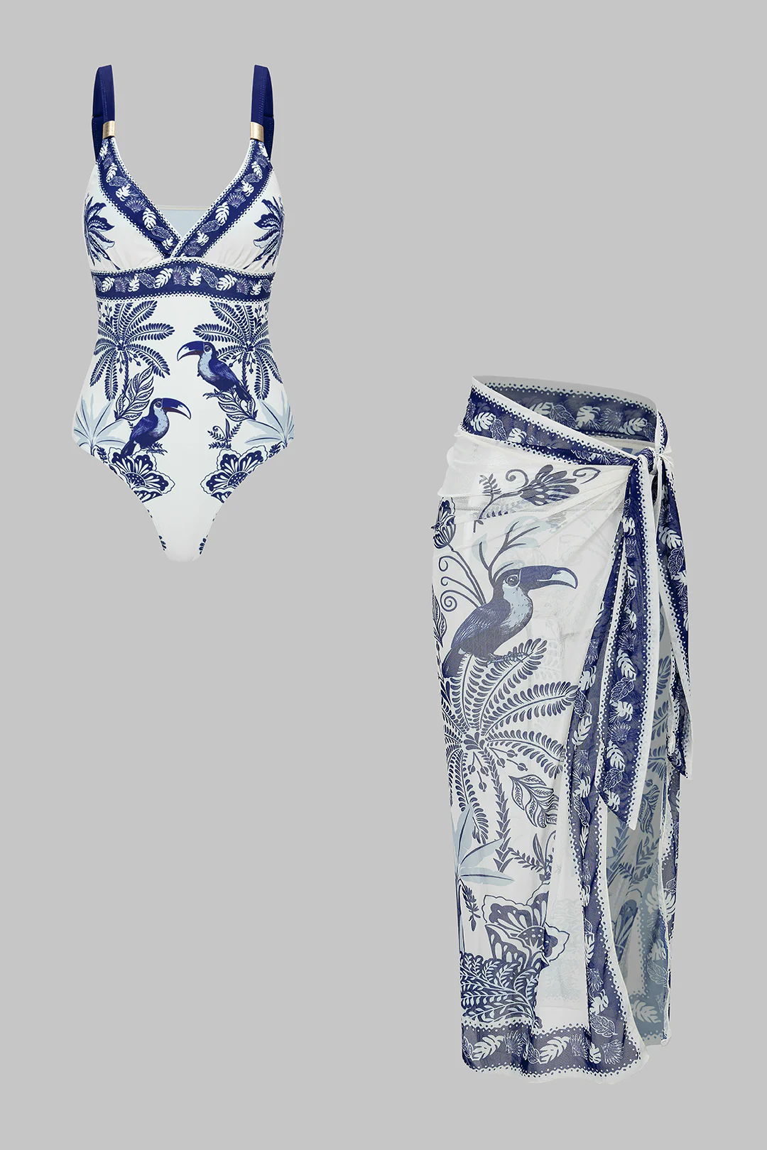 Bird Print Wrap 3-Piece Bikini Set - Weenar