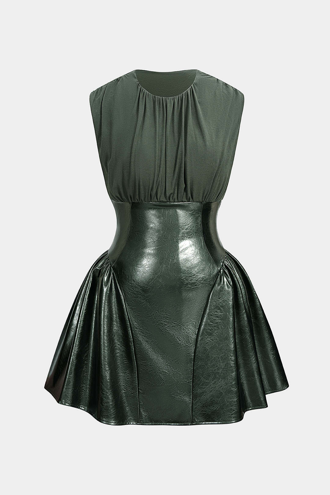Faux Leather Patchwork Ruched Sleeveless Mini Dress - Weenar