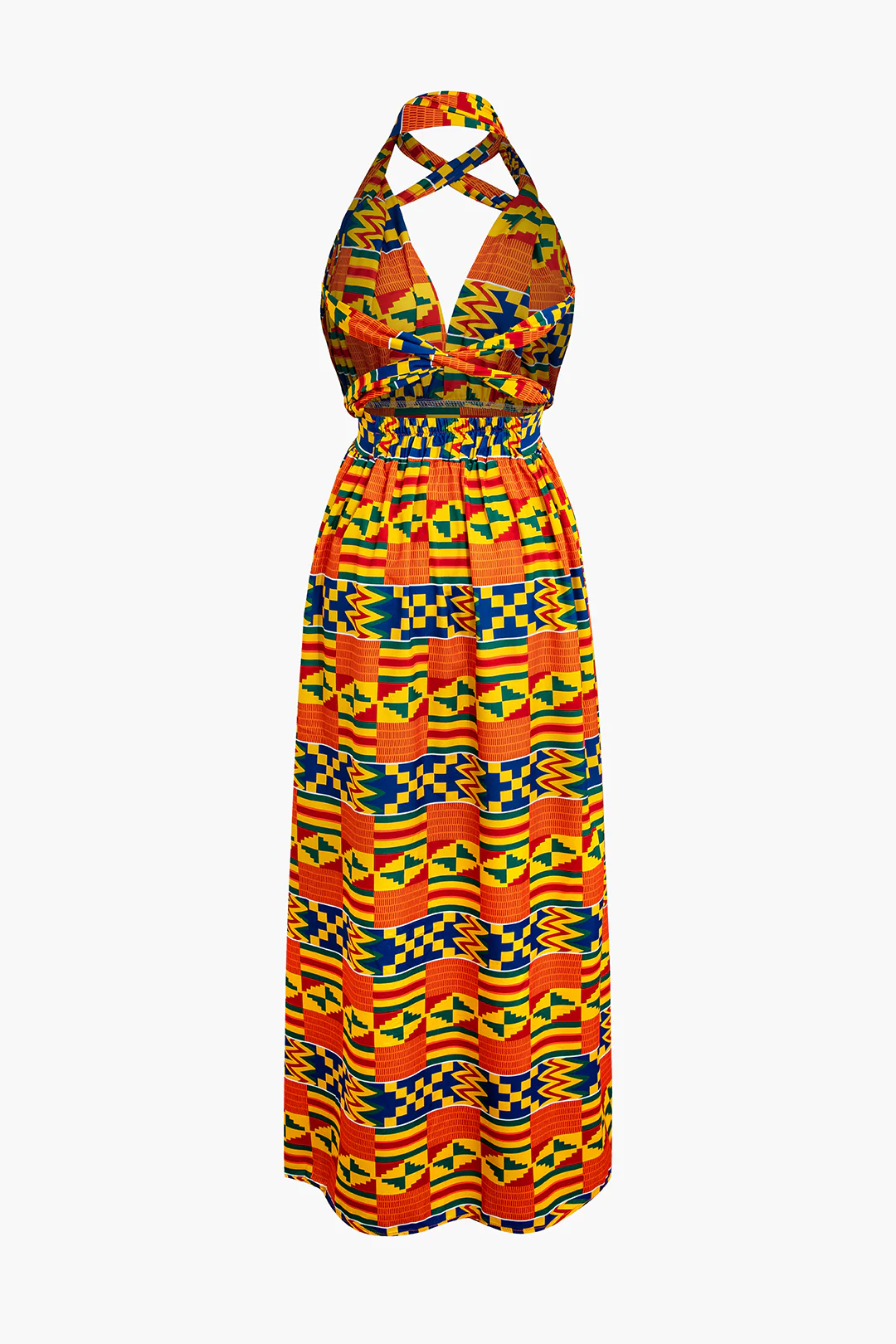 Geometric Print Backless Tie-Up Slit Sleeveless Maxi Dress - Weenar