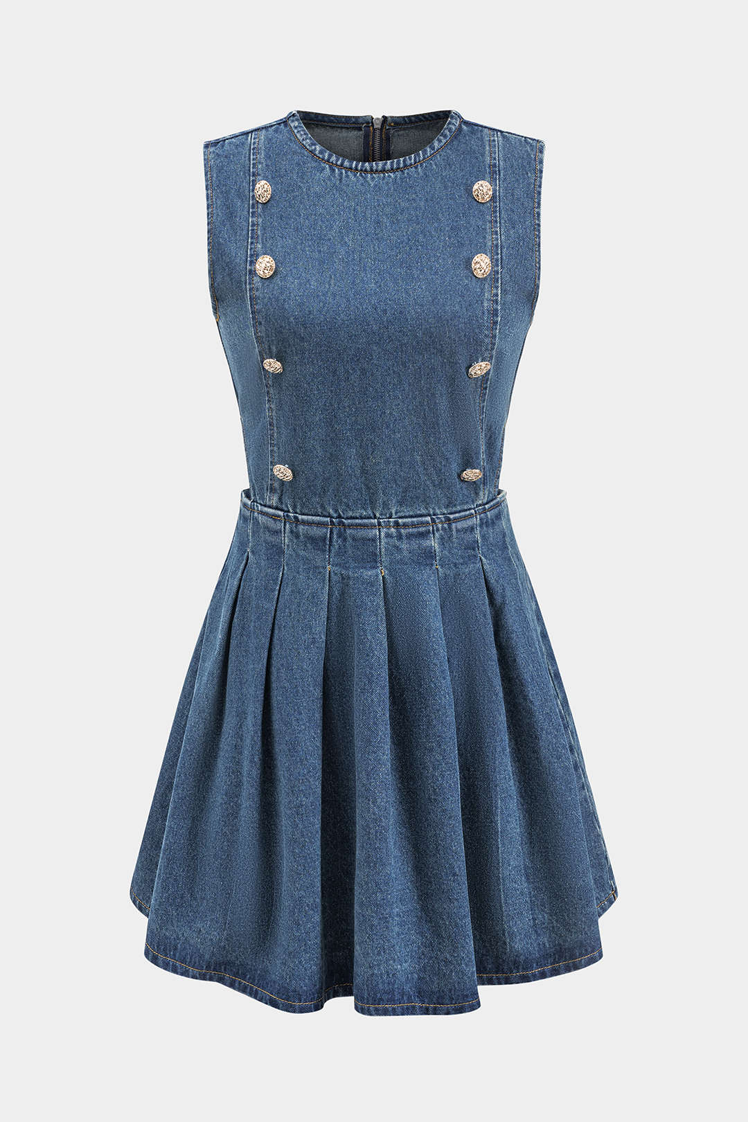 Denim Pleated Button Zipper Sleeveless Dress - Weenar