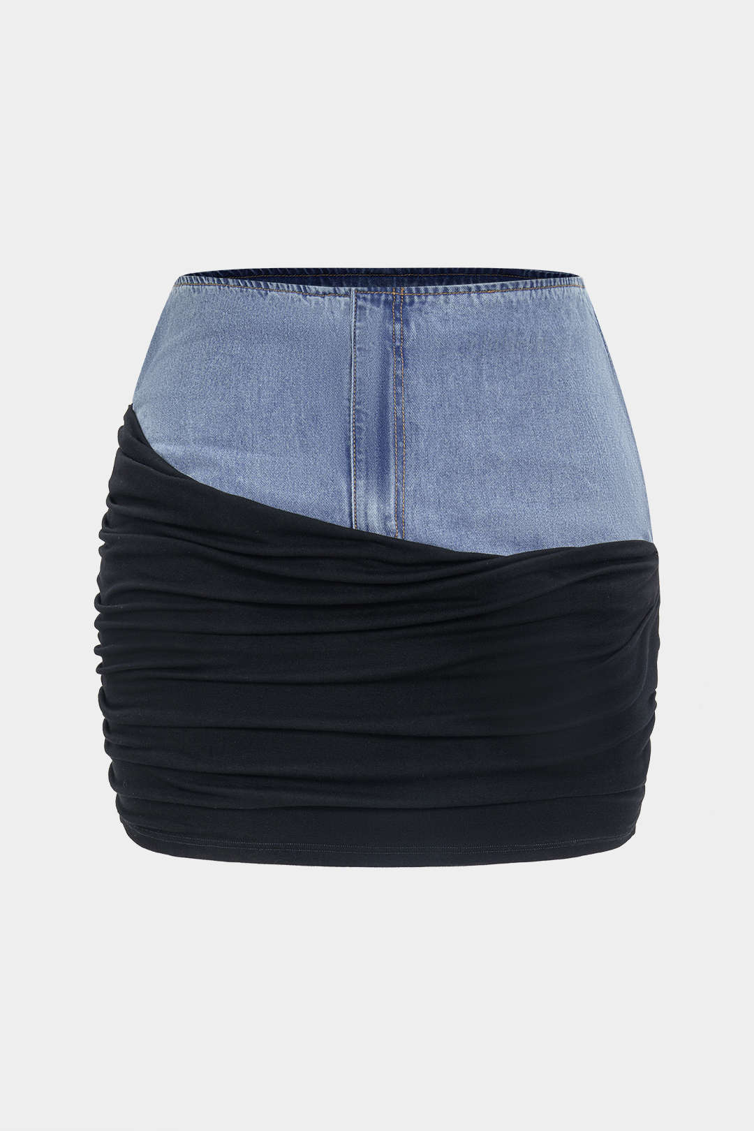 Plus Size Denim Ruched Patchwork Zipper High Waist Skirt - Weenar