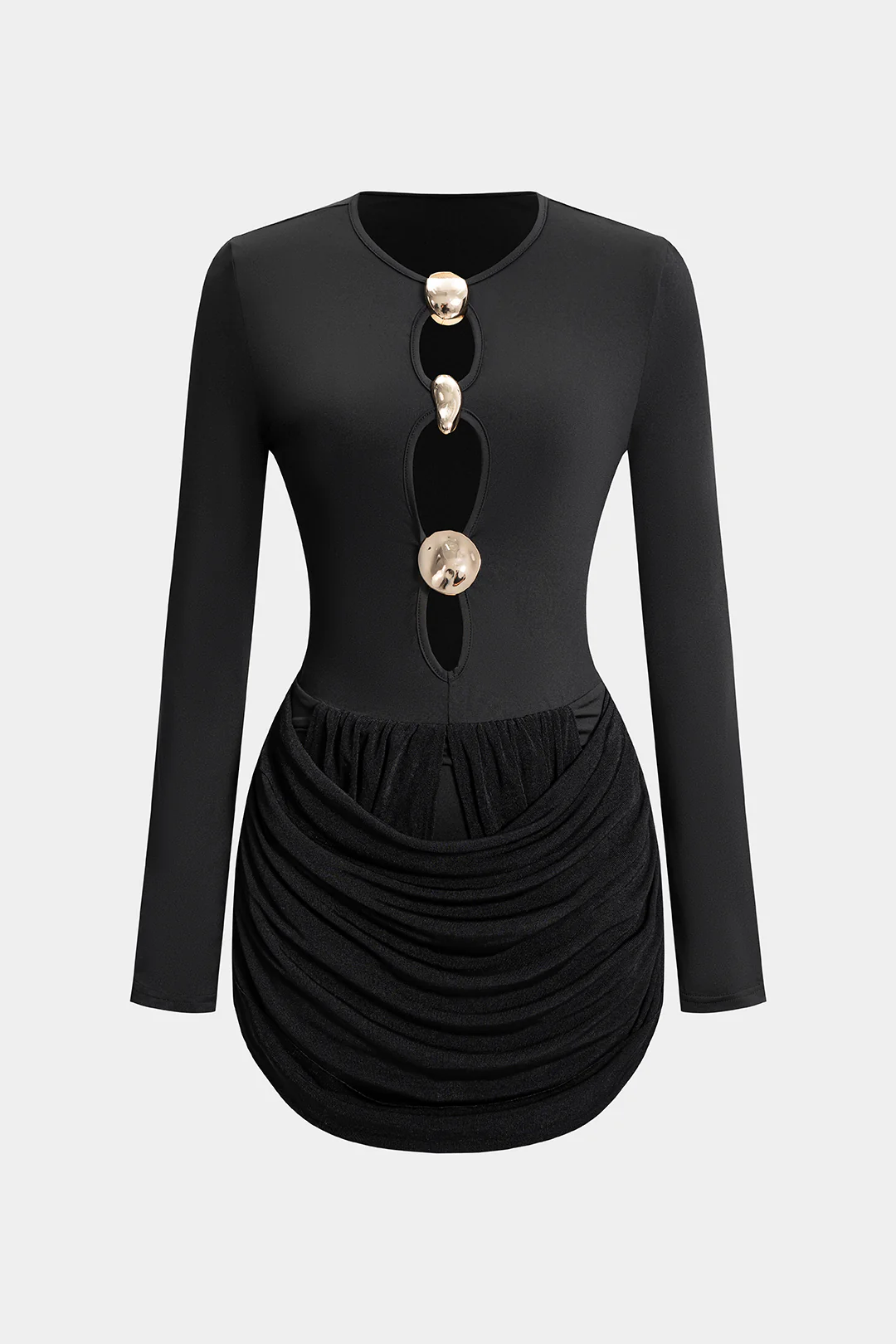 Metallic Decor Cut Out Long Sleeve Mini Dress - Weenar