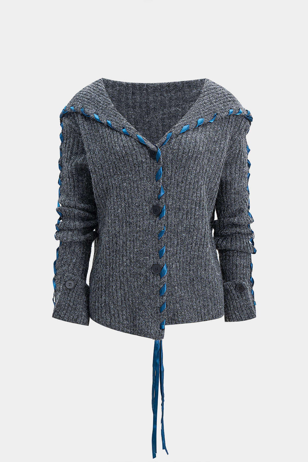 Knit Drawstring Ribbed Cardigan - Weenar