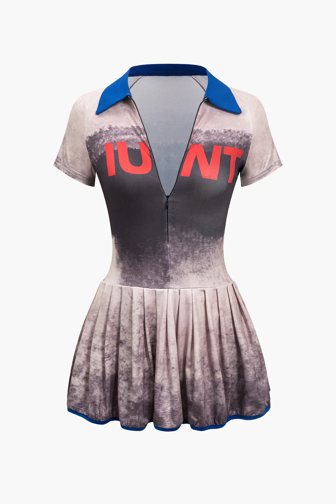 Letter Print Contrast Zipper Pleated Mini Dress - Weenar