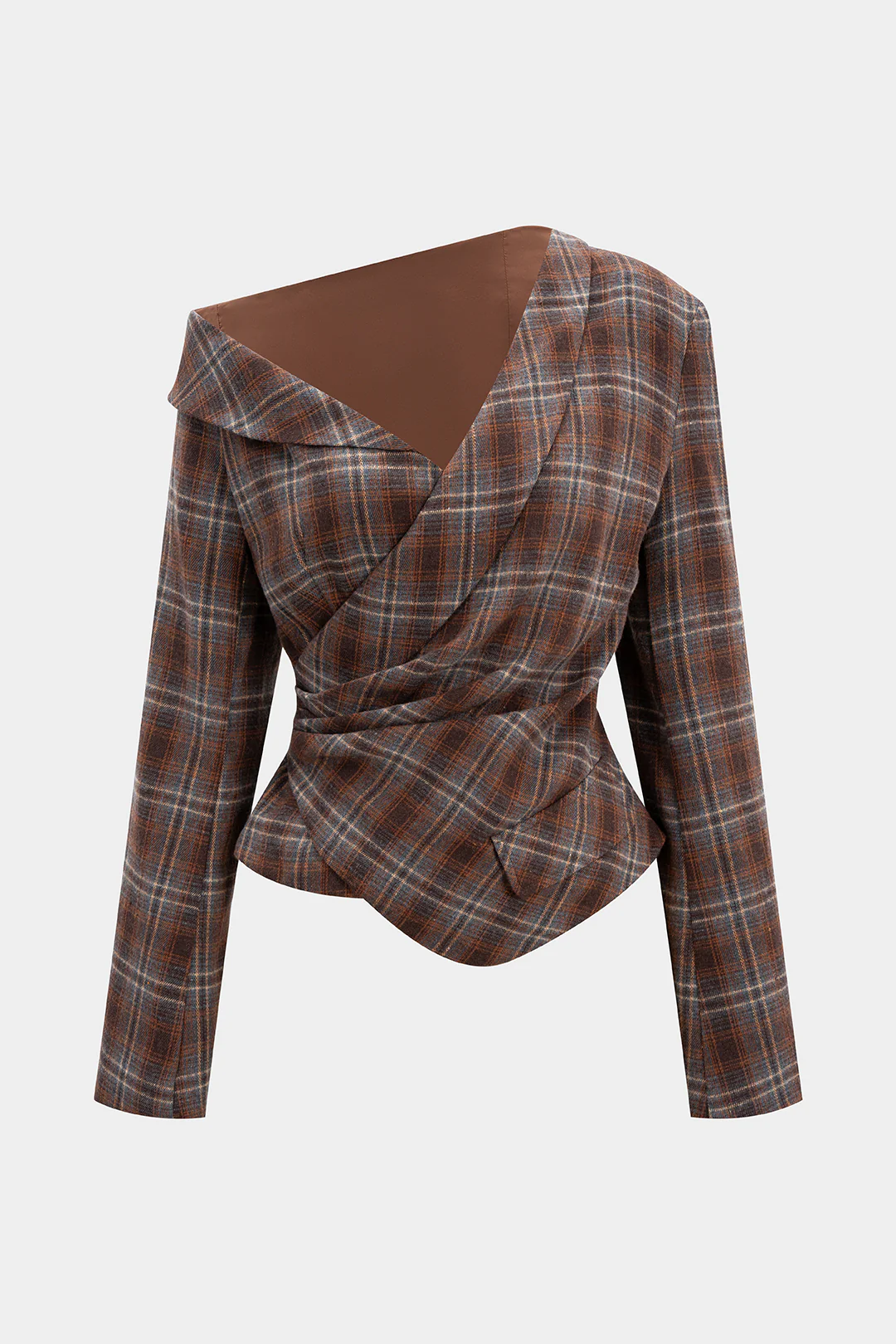 Plaid Print Asymmetrical One Shoulder Ruched Long-Sleeve Top - Weenar