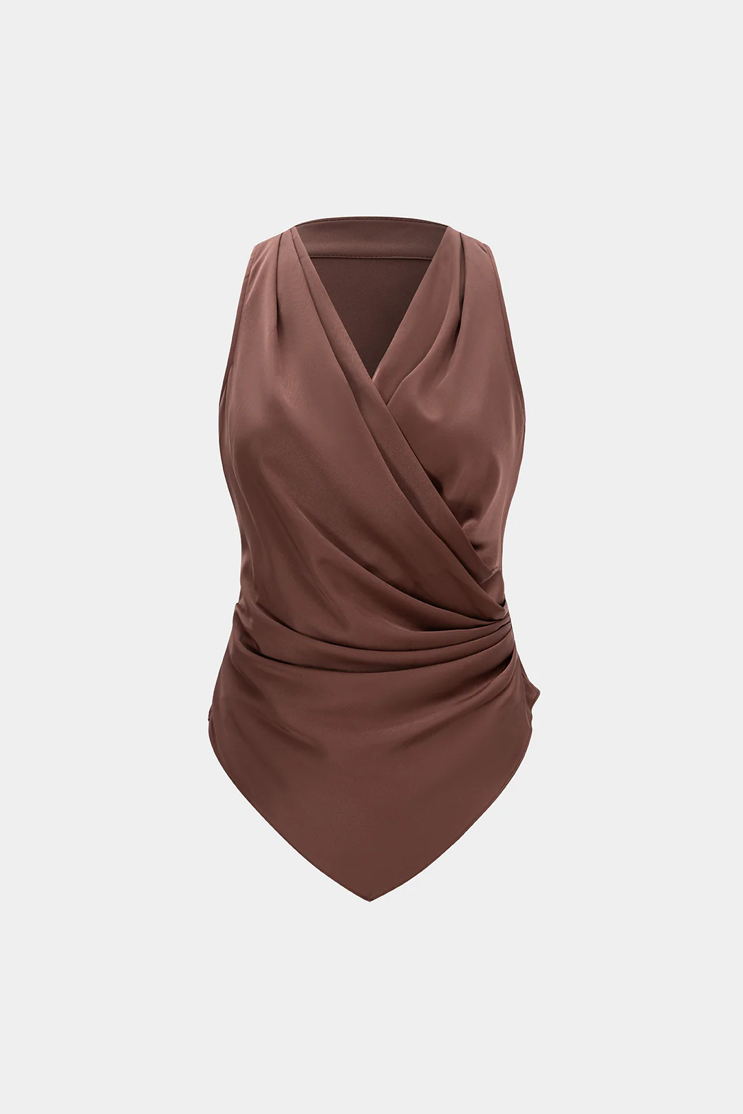 Satin Crossed V-Neck Asymmetrical Ruched Tank Top - Weenar