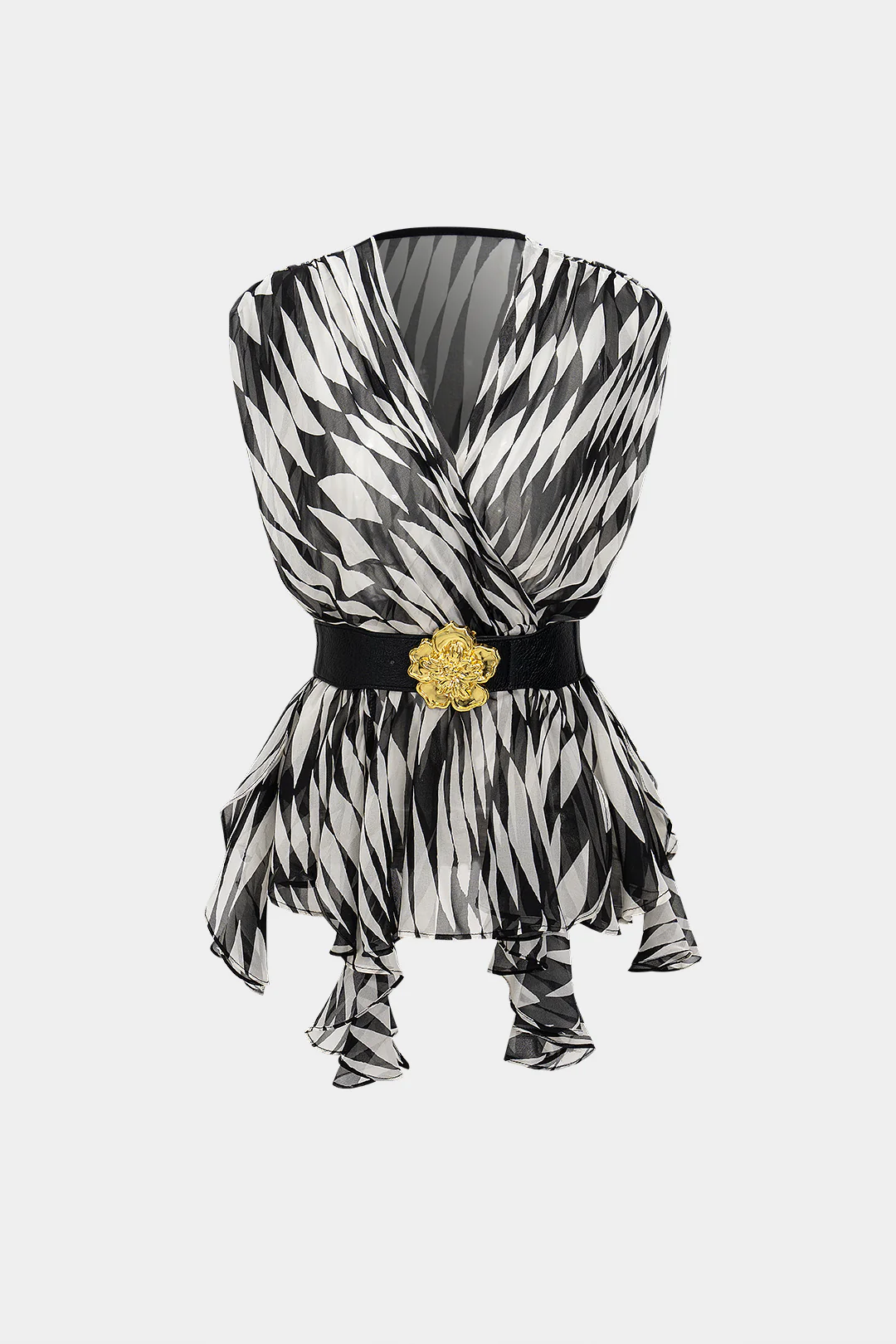 Zebra Stripe Print V-Neck Belted Short-Sleeve Shirt - Weenar