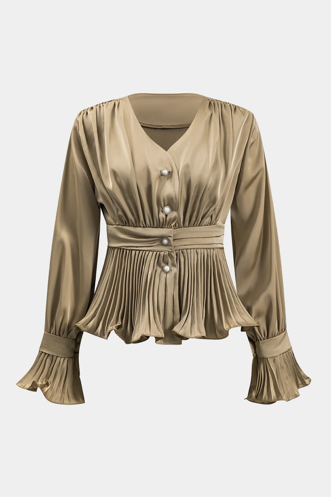 Satin Ruffle Ruched Button Long-Sleeve Shirt - Weenar