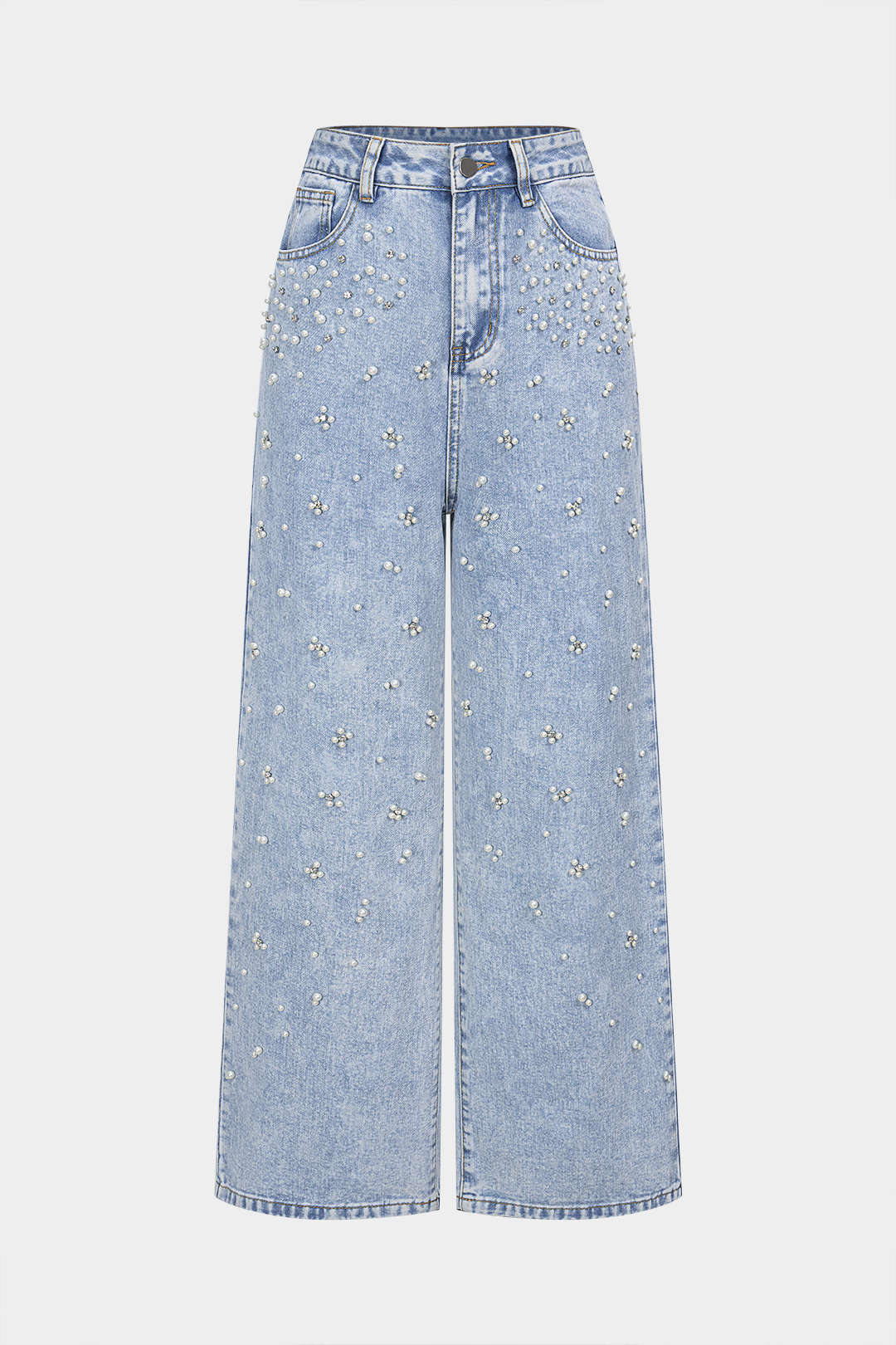 Denim Pearl Decor Straight Leg Jeans - Weenar