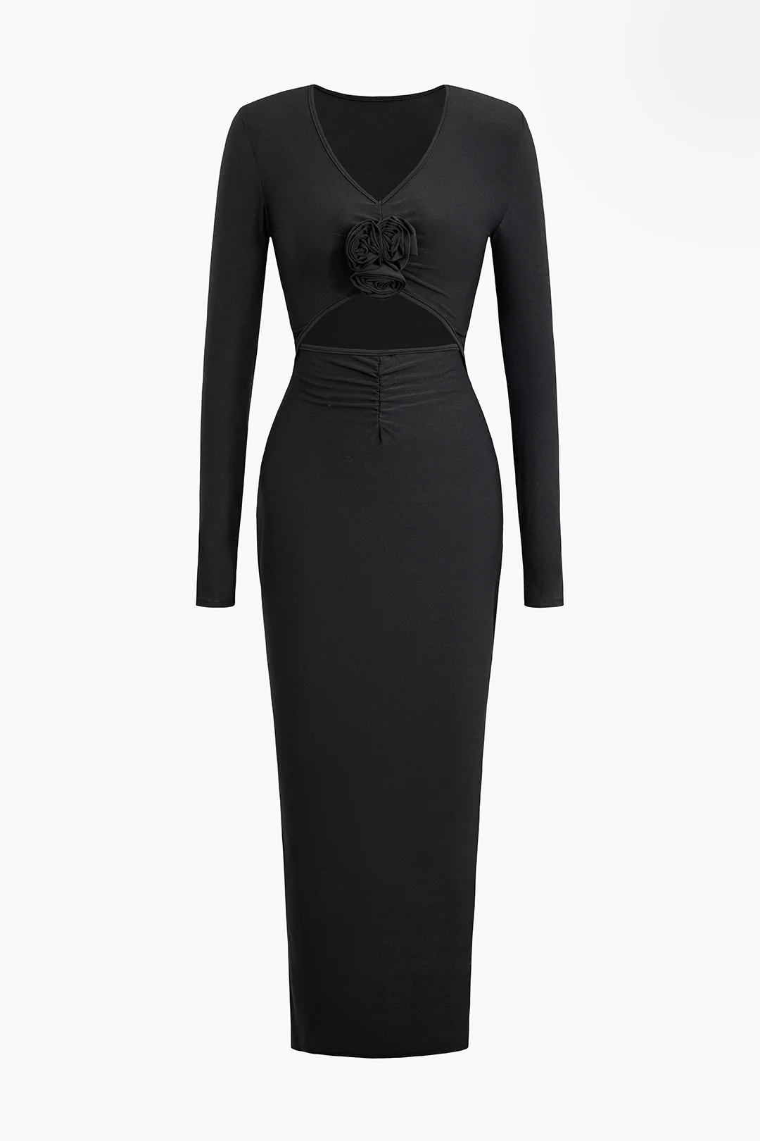 3D Flower Decor V-Neck Cut Out Long Sleeve Maxi Dress - Weenar