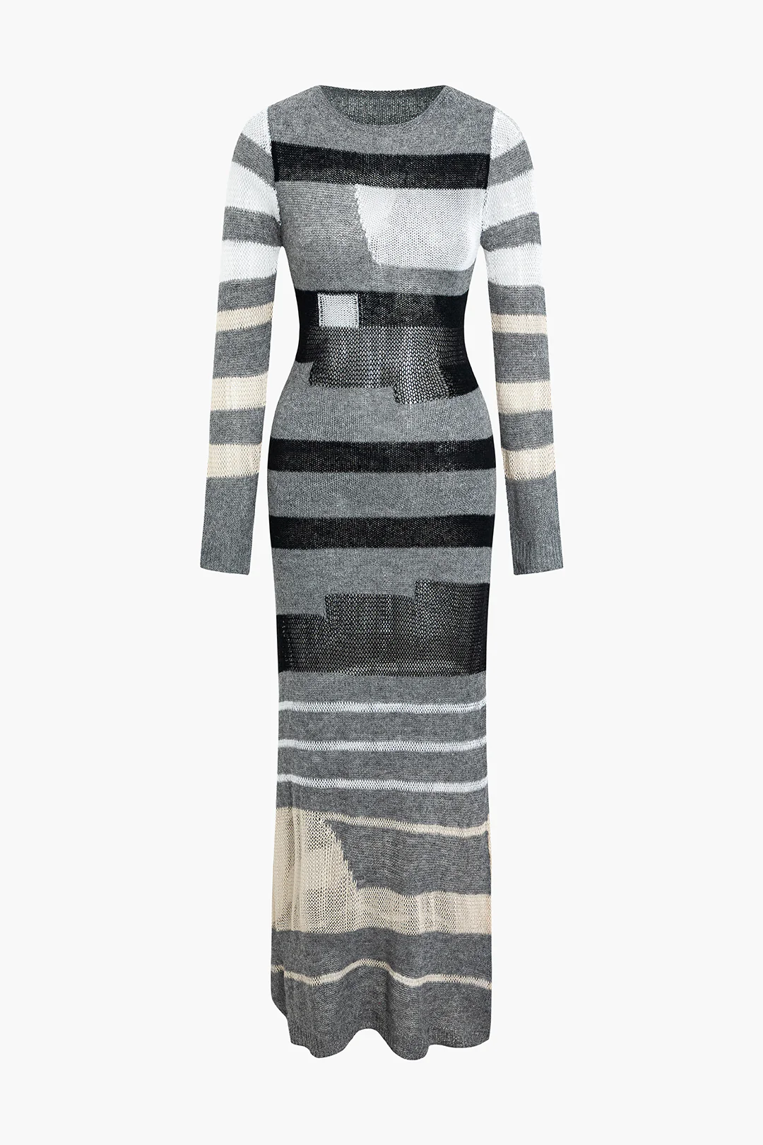 Contrast Long Sleeve Round Neck Open Knit Maxi Dress - Weenar