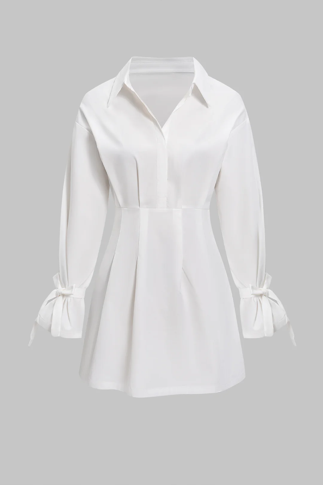 Button Pleated Bow Long Sleeve Mini Dress - Weenar
