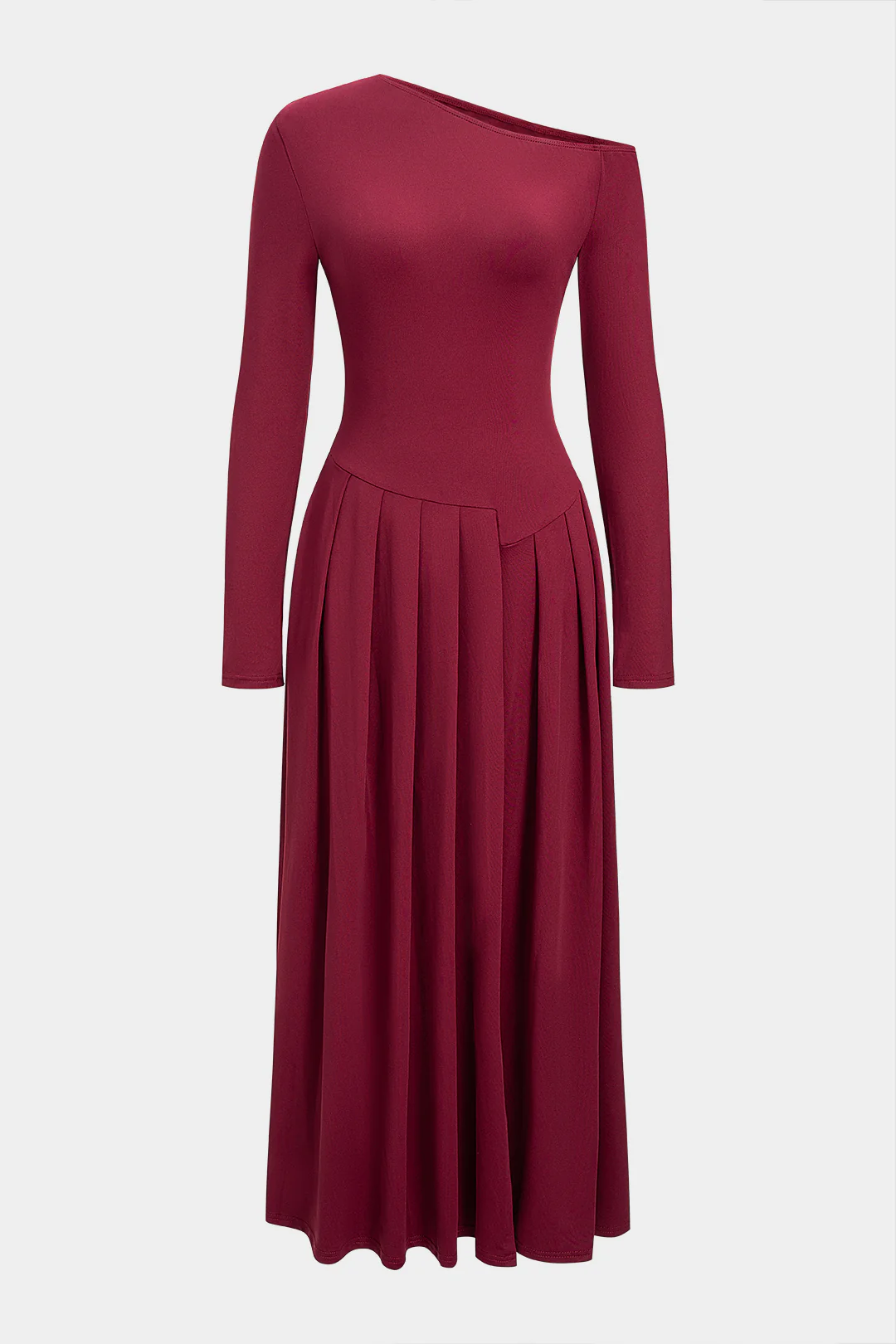 Asymmetrical Shoulder Pleated Long Sleeve Maxi Dress - Weenar