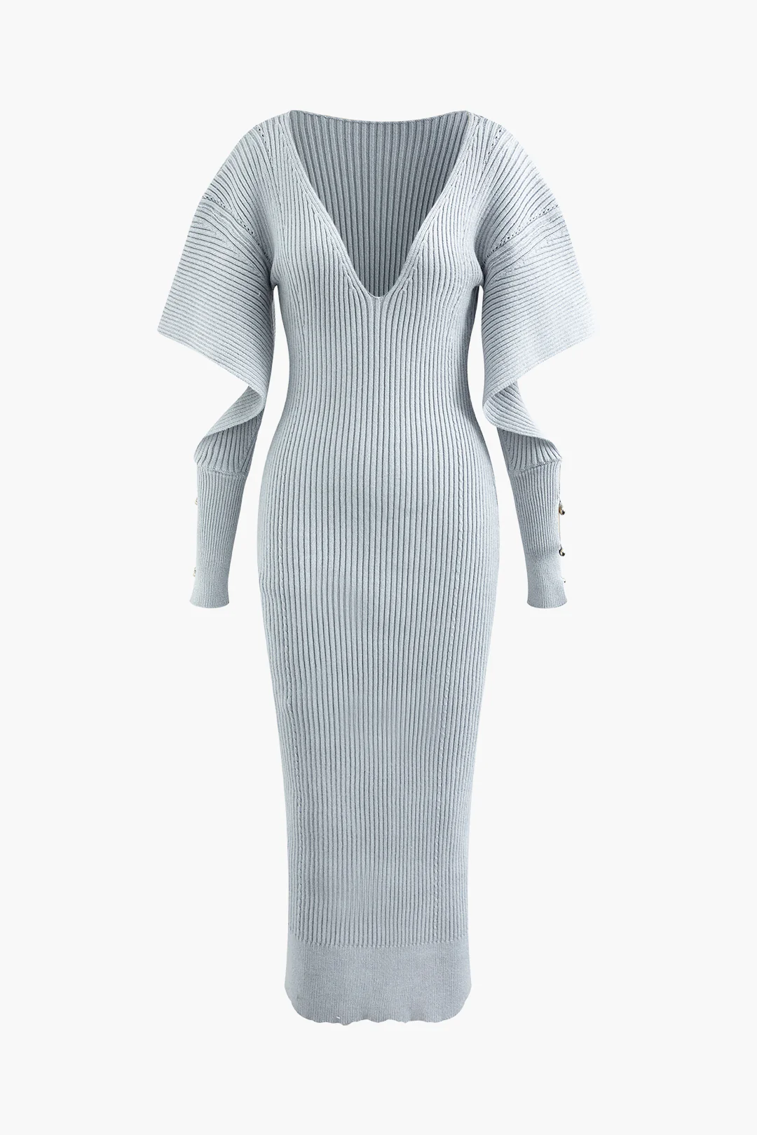Knit Ribbed Button Cut Out Long Sleeve Dress - Weenar