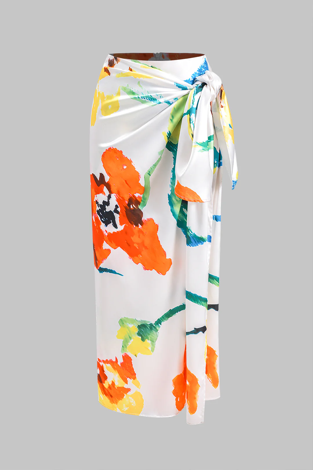 Floral Print Satin Ruched Tie Front Zipper Skirt - Weenar