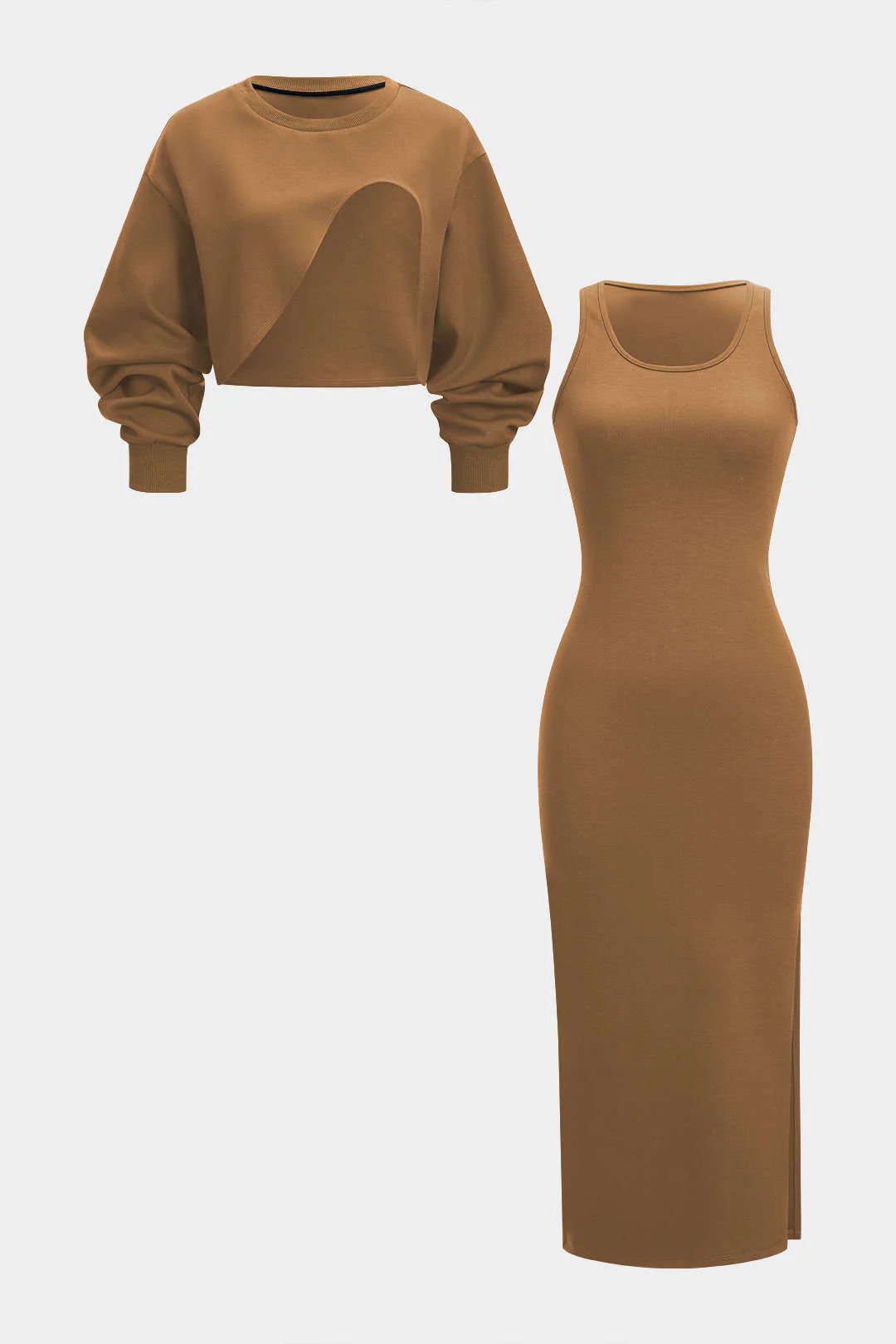 Asymmetrical Long-Sleeve Top And Sleeveless Dress Set - Weenar