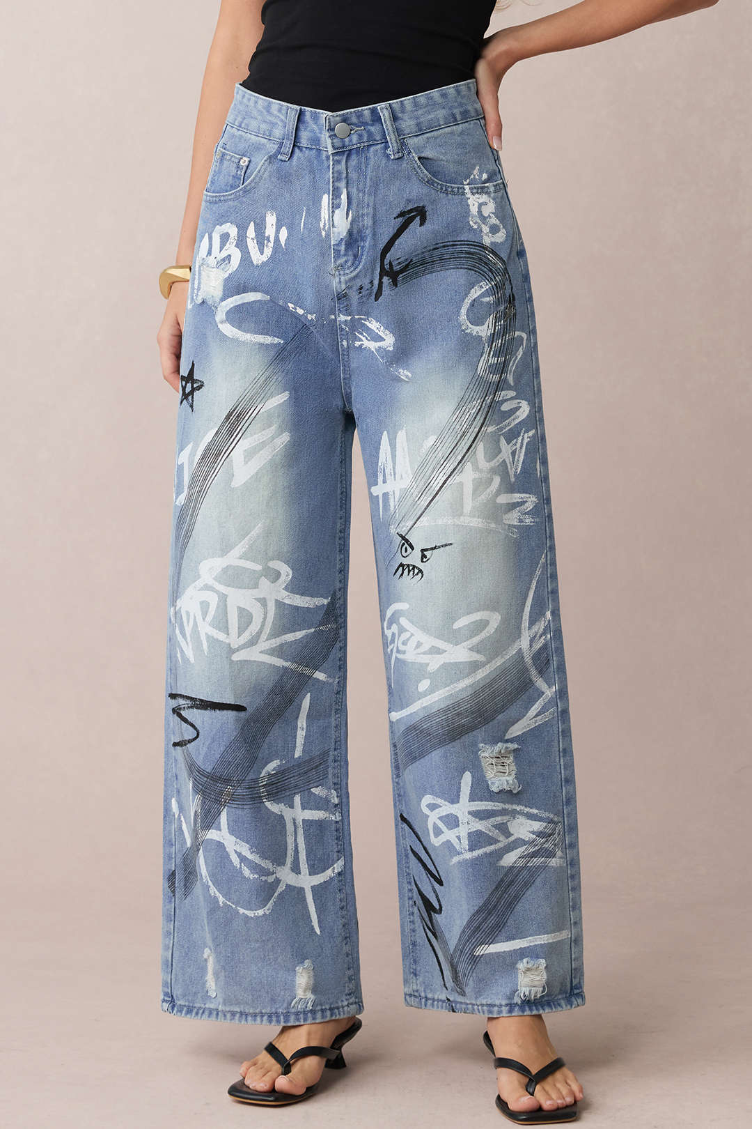 Denim Graffiti Print Zipper Straight Leg Jeans - Weenar