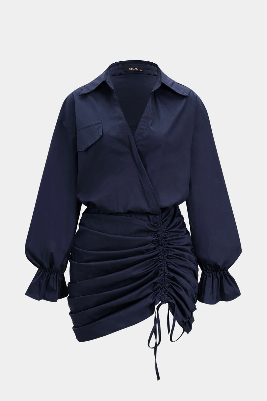 Plus Size Ruched V-Neck Drawstring Ruffle Long Sleeve Mini Dress - Weenar