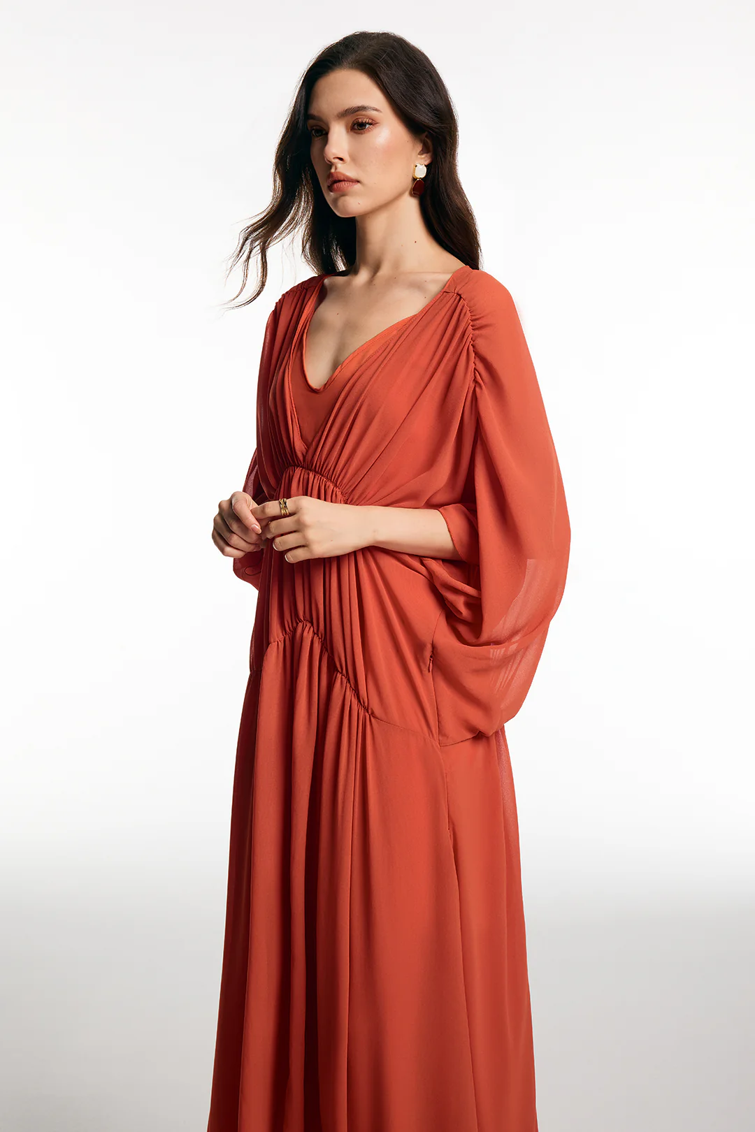 Chiffon V-Neck Ruched Short Sleeve Maxi Dress - Weenar