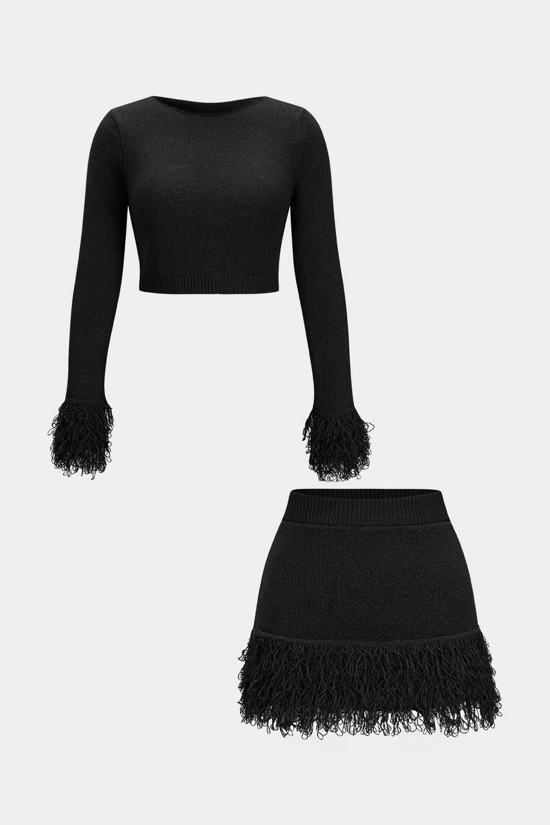 Knit Fringe Long Sleeve Top And Mini Bodycon Skirt Set - Weenar