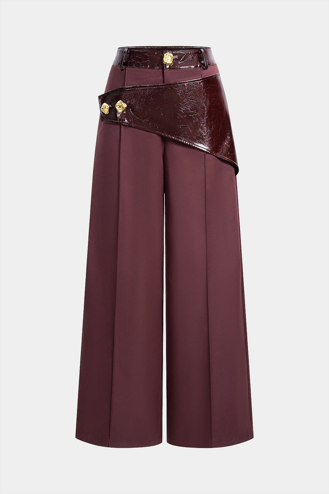 Faux Leather Patchwork Asymmetrical Metallic Button Wide Leg Pants - Weenar