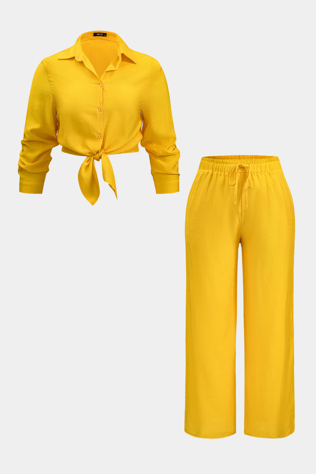 Plus Size Tie Front Shirt And Wide Leg Pants Set - Weenar