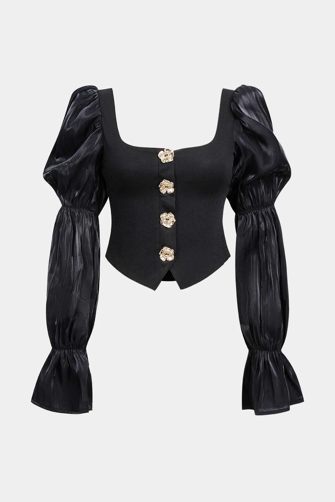 Satin Patchwork Metallic Button Long-Sleeve Shirt - Weenar