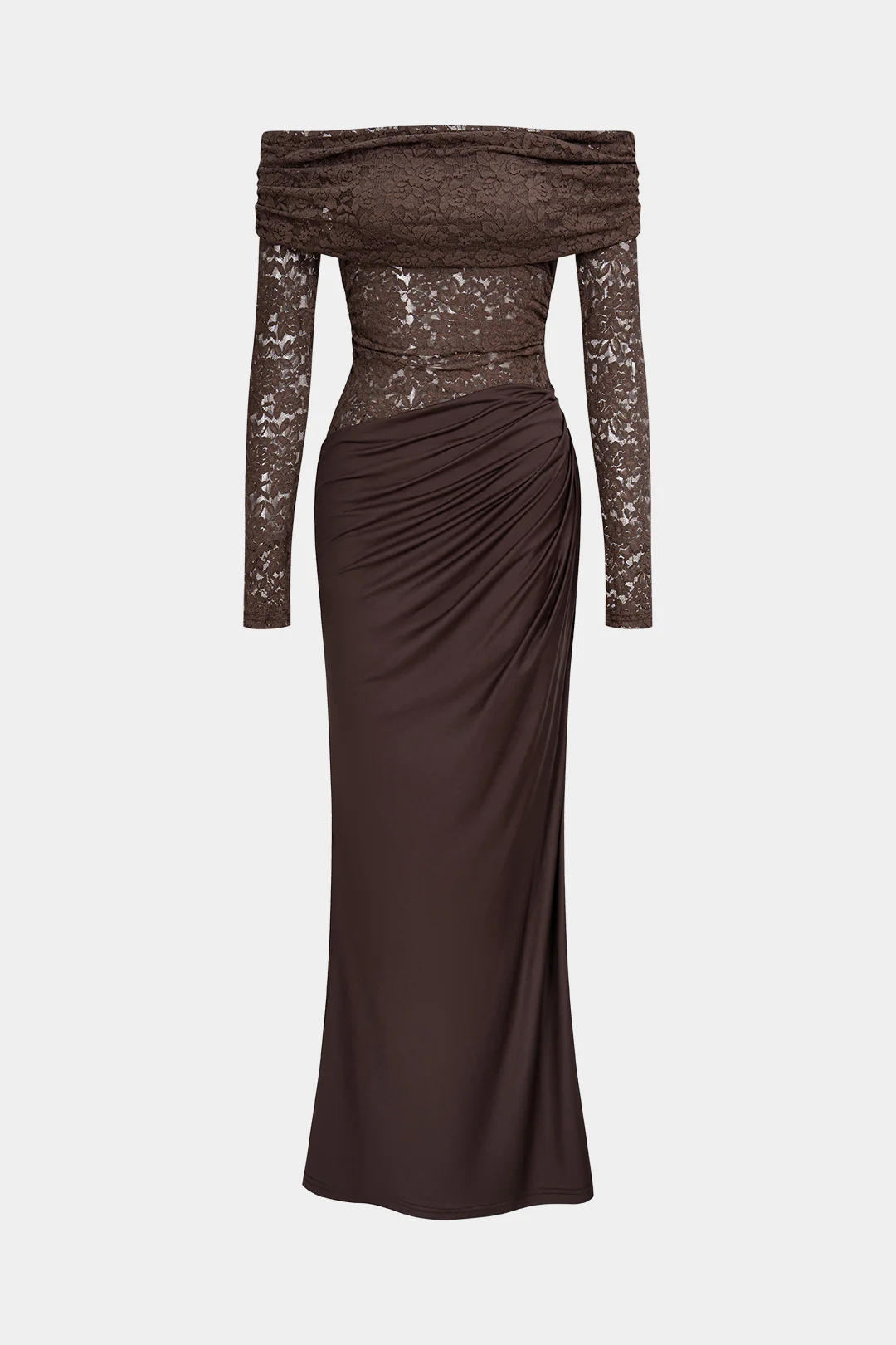 Lace Patchwork Off Shoulder Ruched Long Sleeve Maxi Dress - Weenar