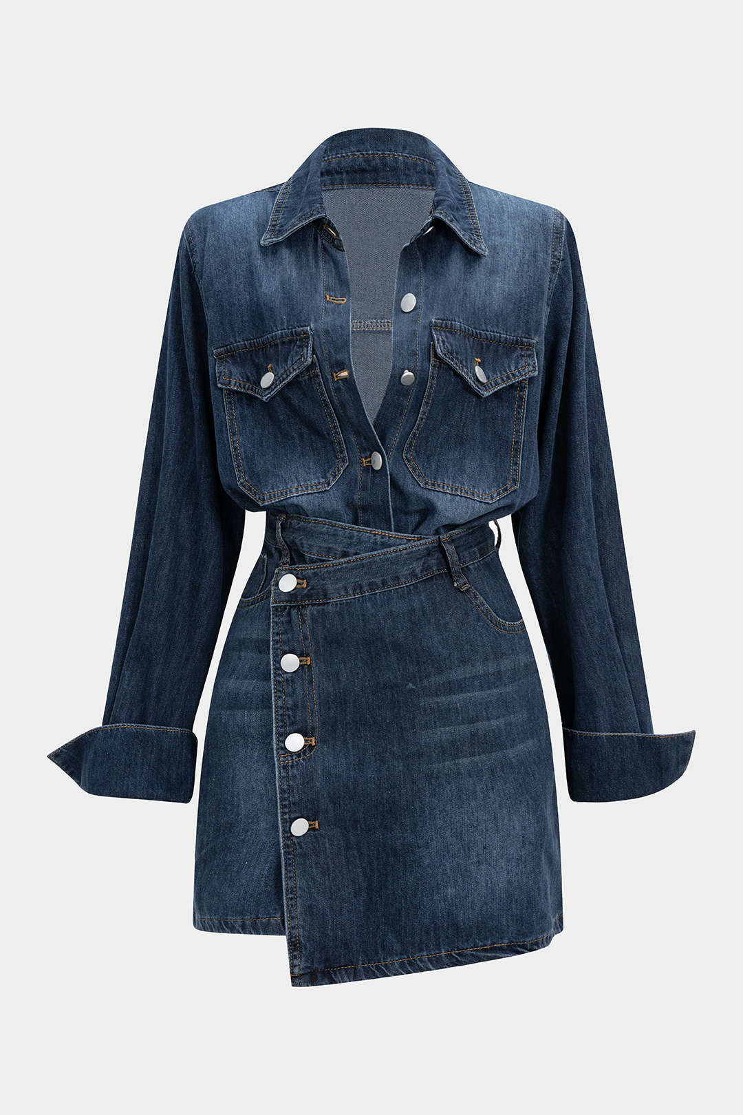 Denim Button Long-Sleeve Top And High Waist Mini Skirt Set - Weenar