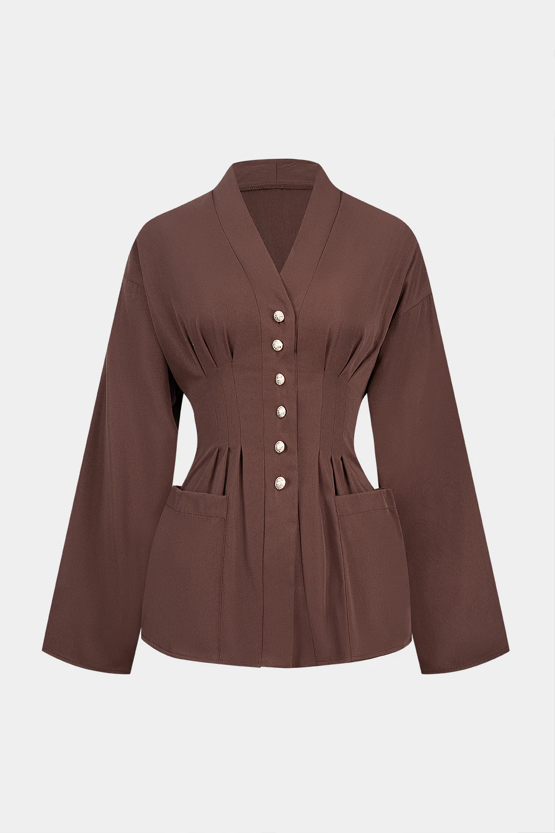 Metallic Button V-Neck Pocket Long-Sleeve Shirt - Weenar