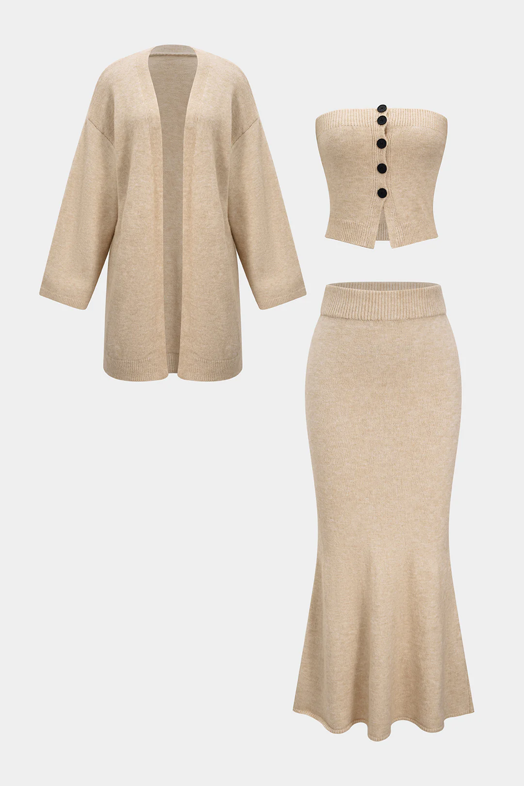 Knit Long Cardigan And Button Strapless Tube Top And Skirt Set - Weenar